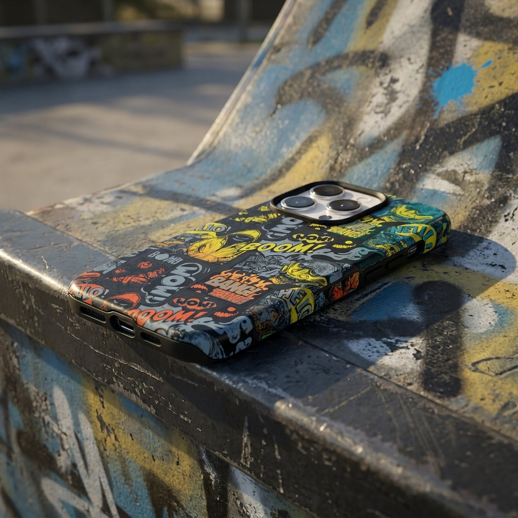 Comic Chaos Yellow Matte Glass MagSafe iPhone Case – lifestyle view 5