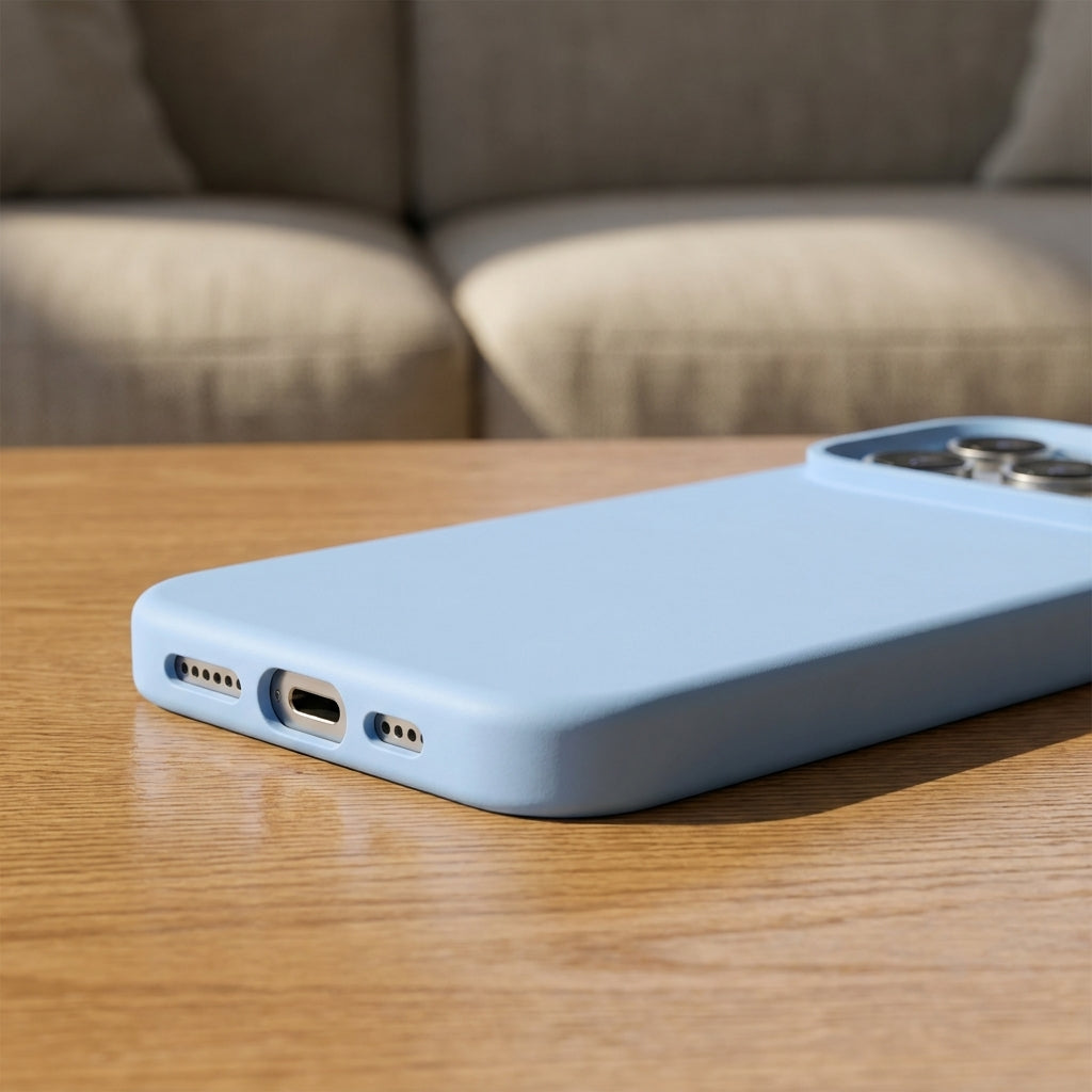 Premium Liquid Silicone iPhone Case – Open Camera – Cloud Blue