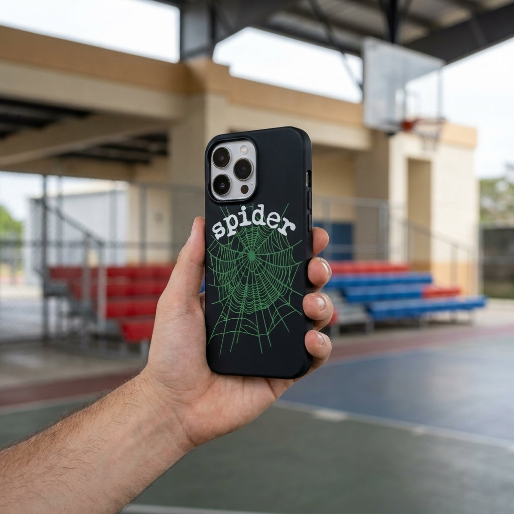 Spider Web Streetwear MagSafe Glass iPhone Case - Green – lifestyle view 6