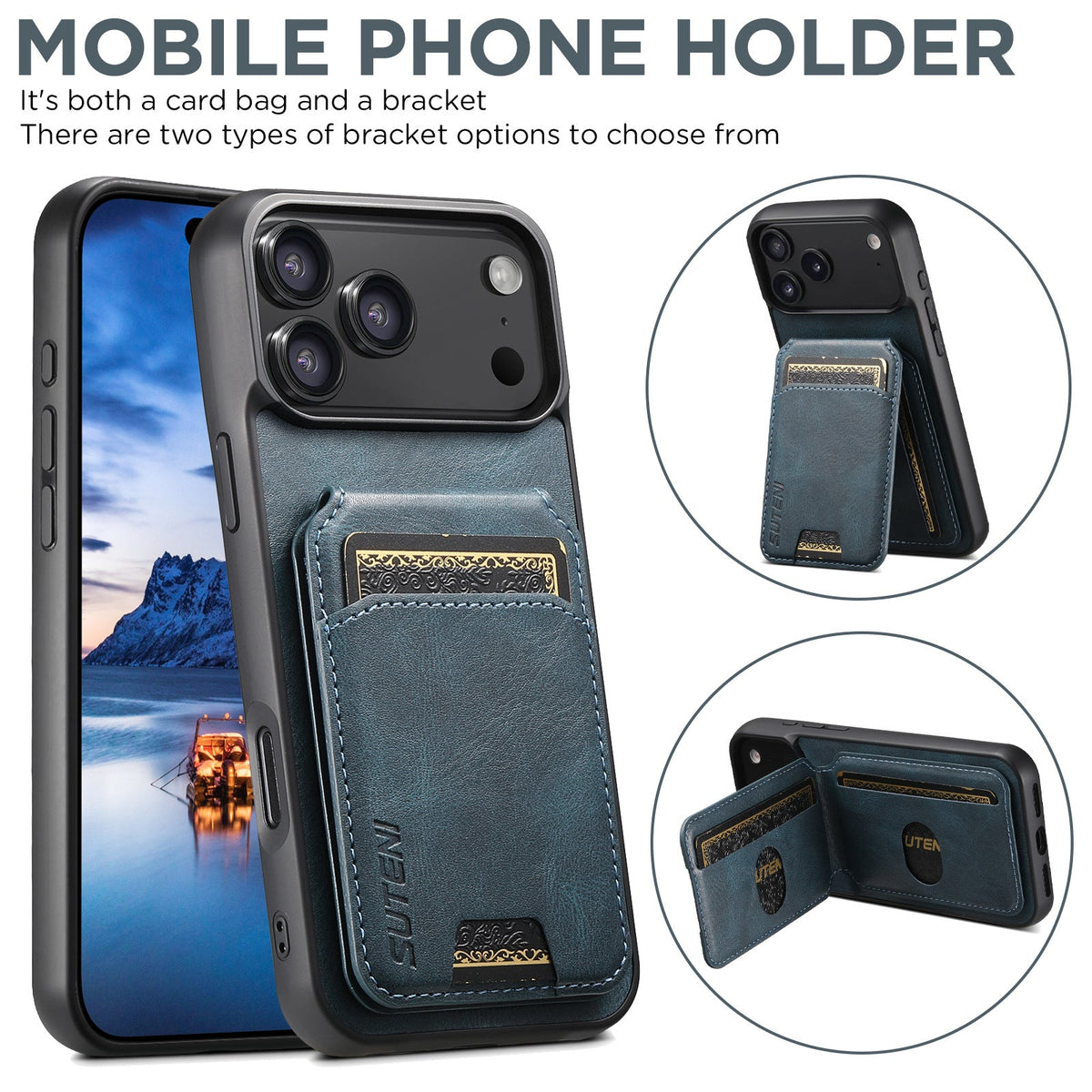 Vintage Waxed Leather iPhone Case with Built-in Card Holder – Blue