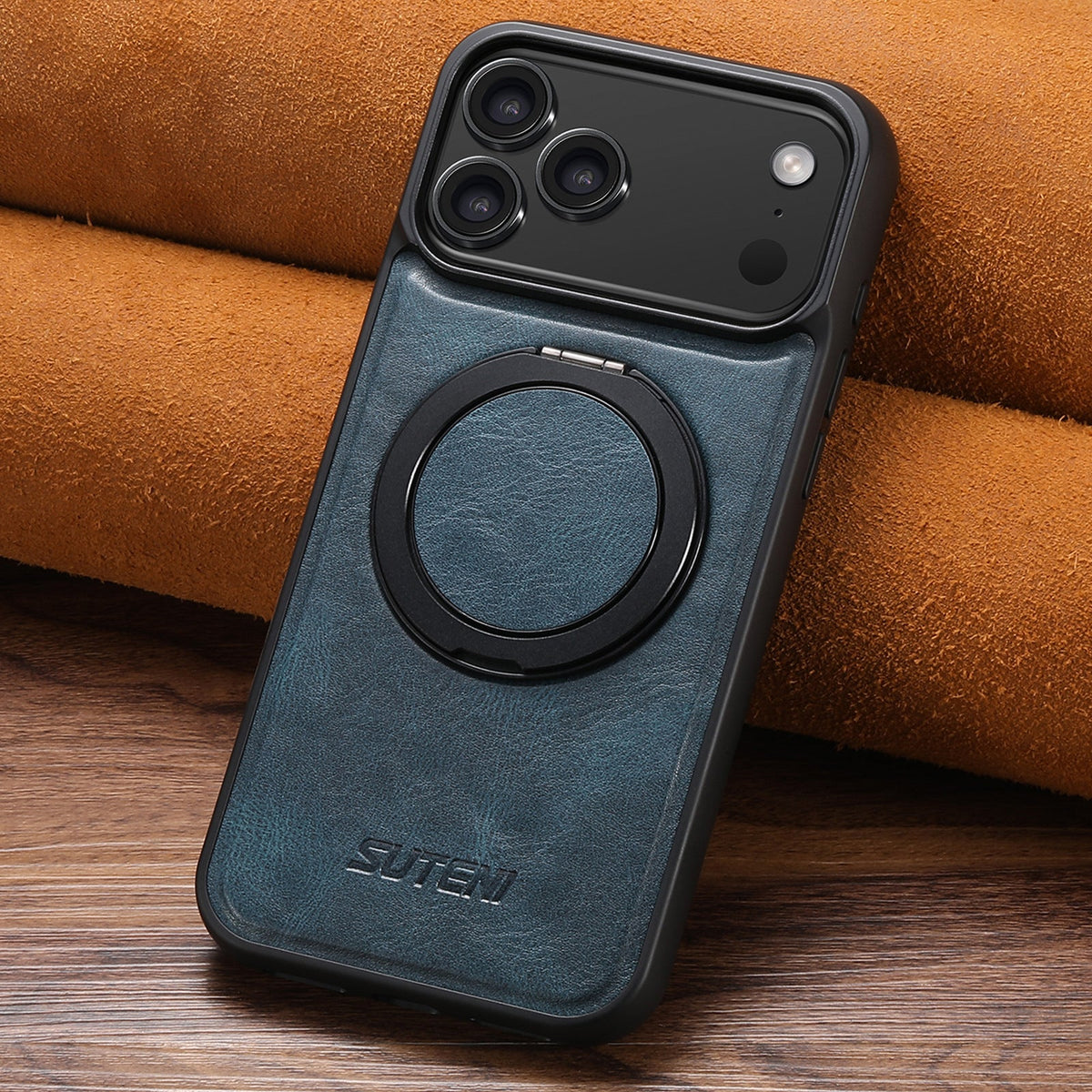 Vintage Waxed Leather MagSafe iPhone Case with Rotating Ring Holder - Blue