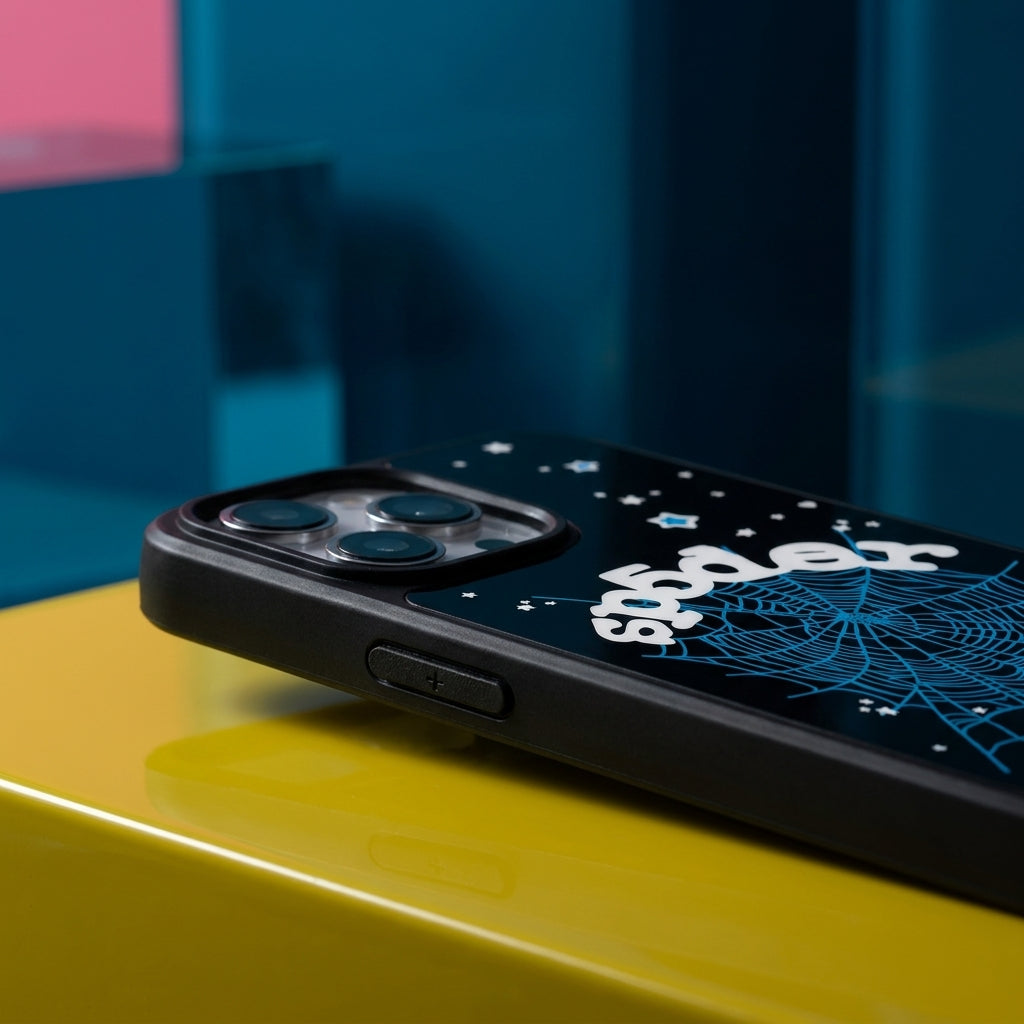 Spider Web Streetwear MagSafe Glass iPhone Case - Blue – lifestyle view 5