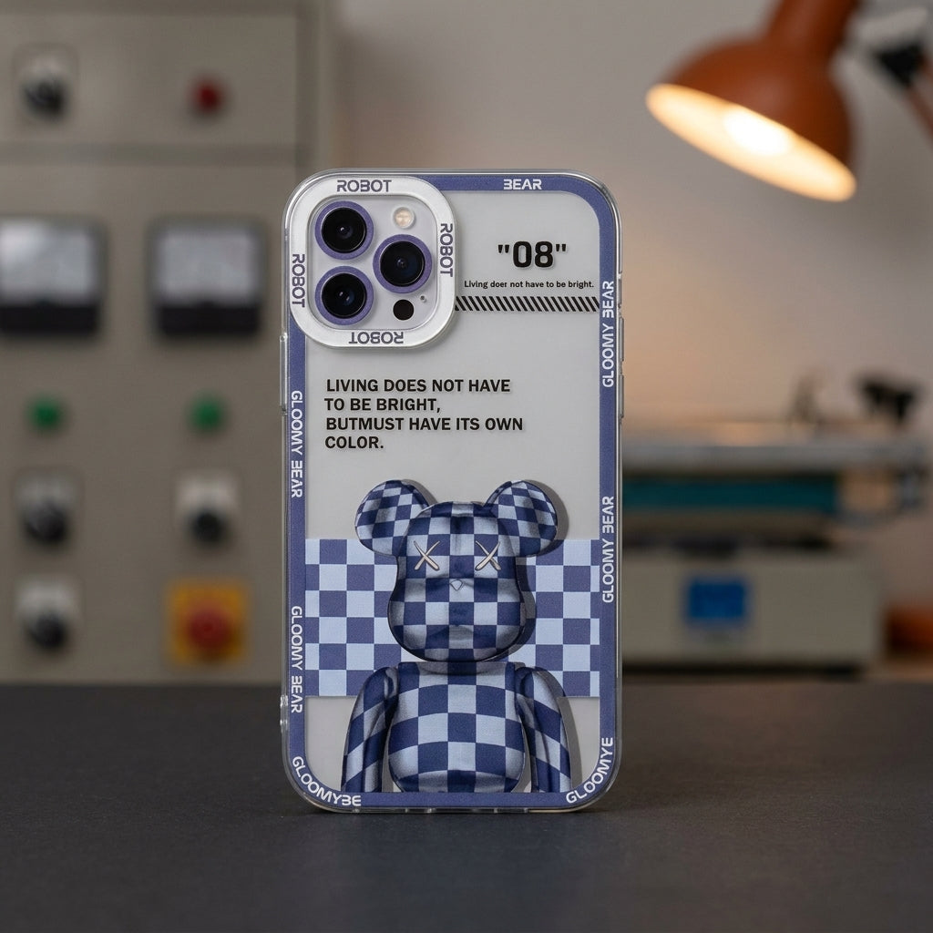 Y2K Blue Plaid Bear Graphic iPhone Case – lifestyle view 3