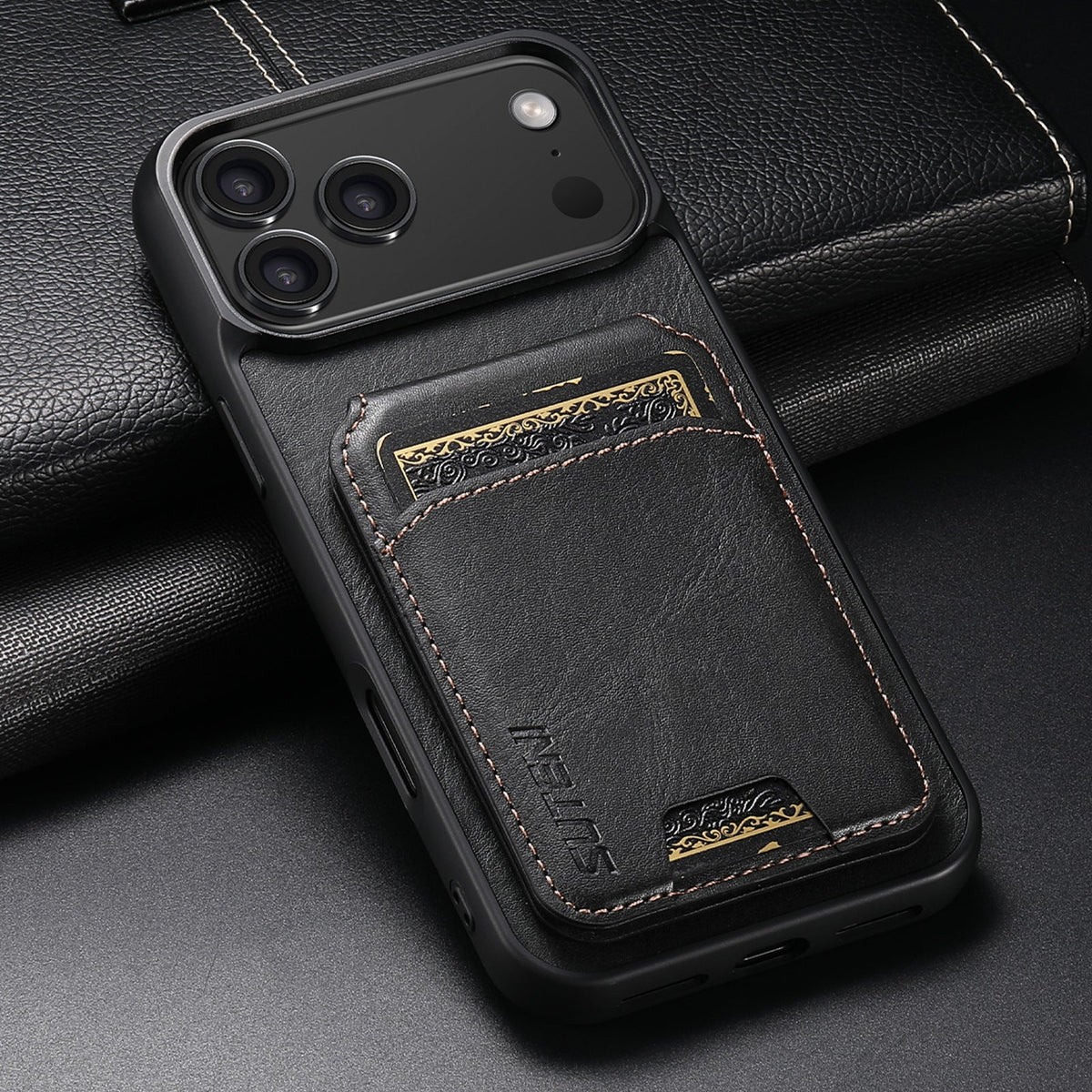 Vintage Waxed Leather iPhone Case with Built-in Card Holder – Black
