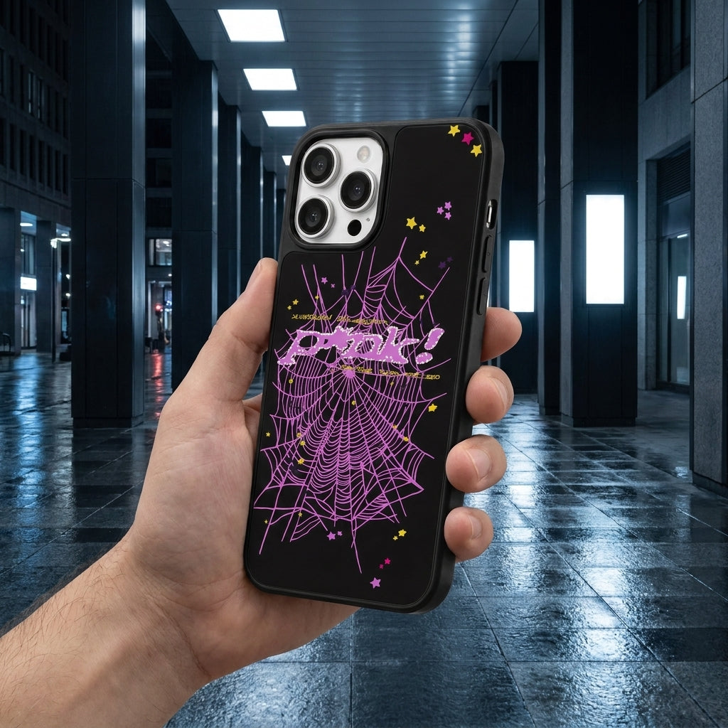 Spider Web Streetwear MagSafe Glass iPhone Case - Purple – lifestyle view 6