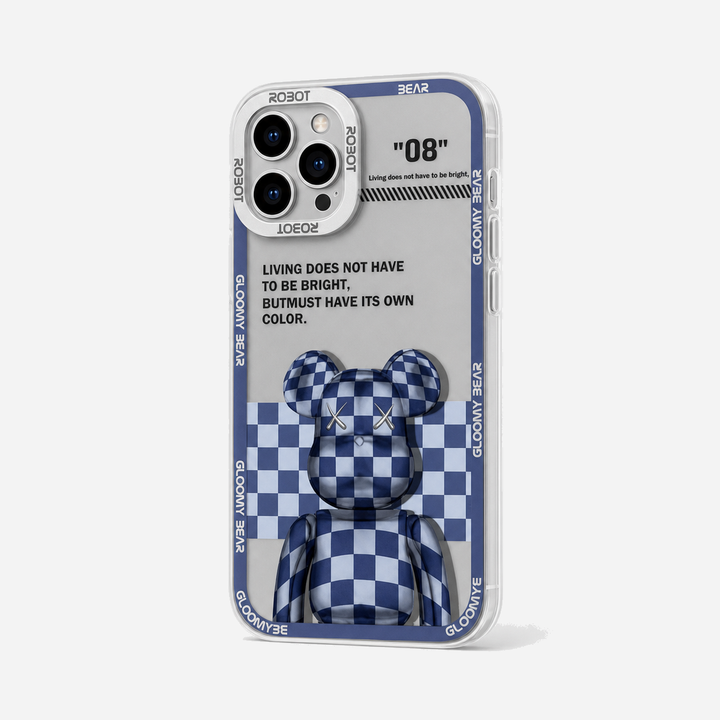 Y2K Blue Plaid Bear Graphic iPhone Case
