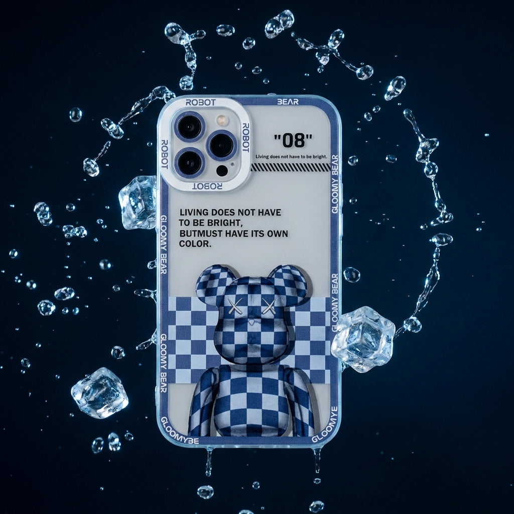 Y2K Blue Plaid Bear Graphic iPhone Case