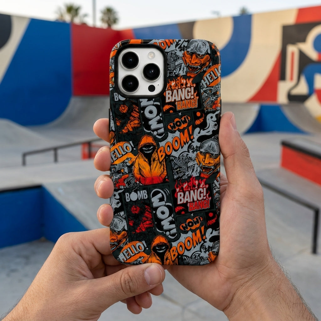 Comic Chaos Orange Matte Glass MagSafe iPhone Case – lifestyle view 6