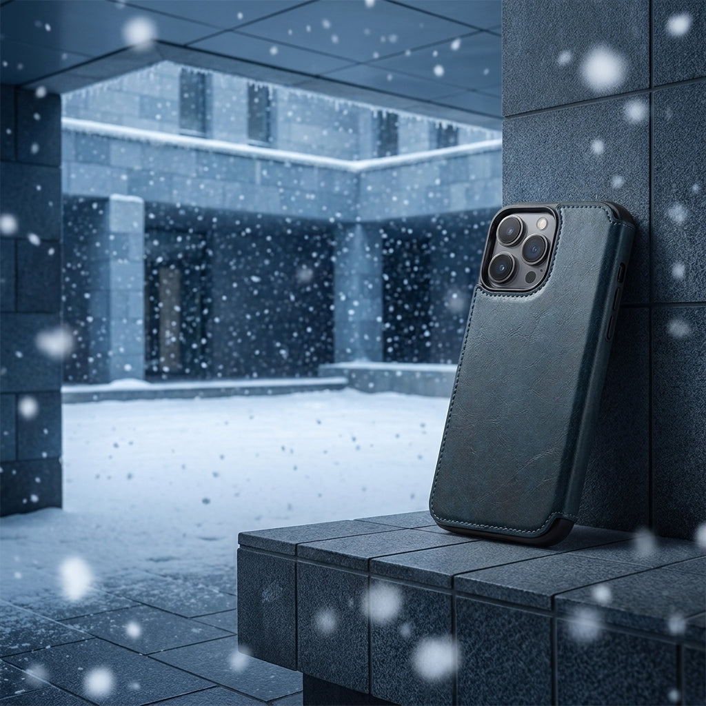 Vintage Waxed Leather MagSafe iPhone Case with Folio Card Holder - Blue