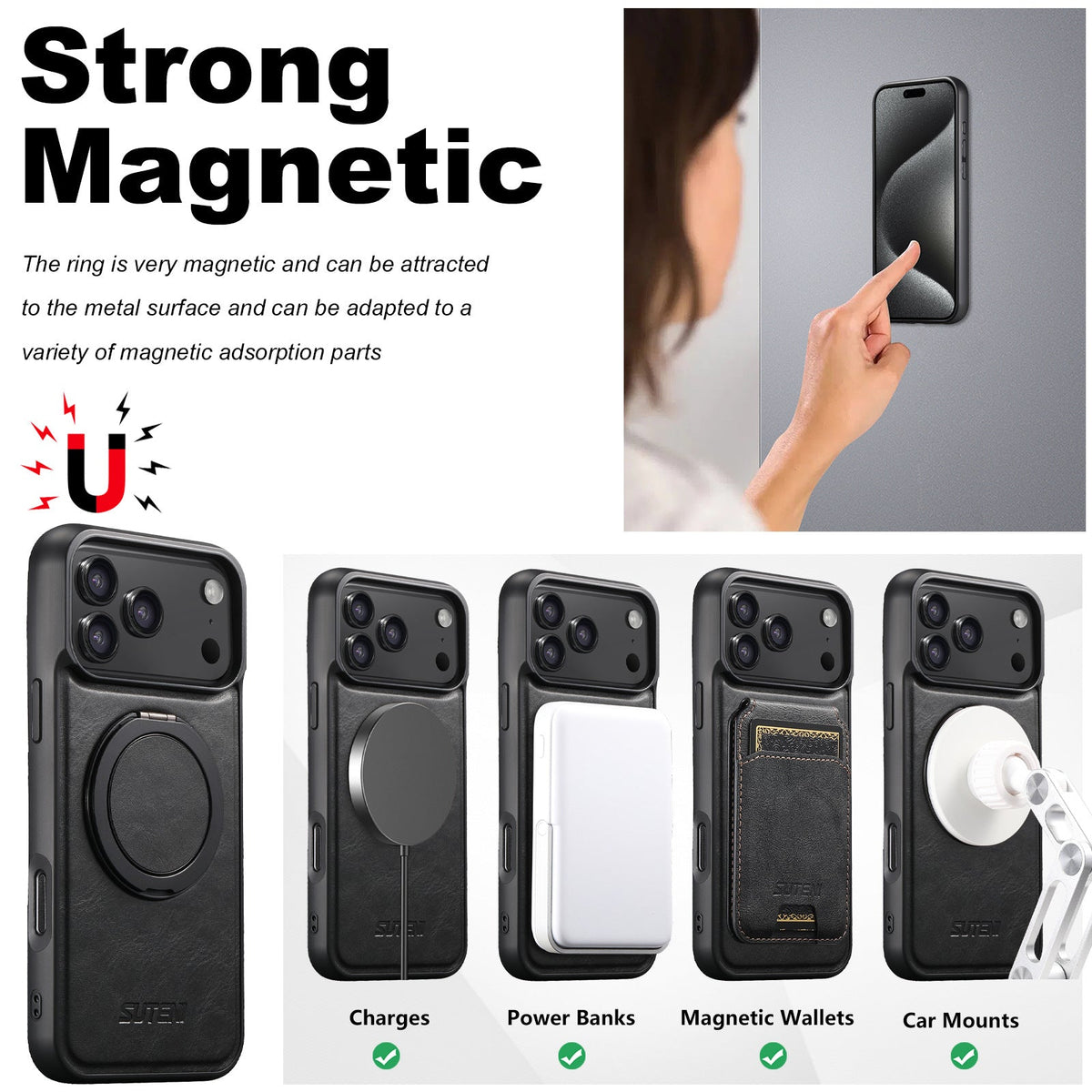 Vintage Waxed Leather MagSafe iPhone Case with Rotating Ring Holder - Black