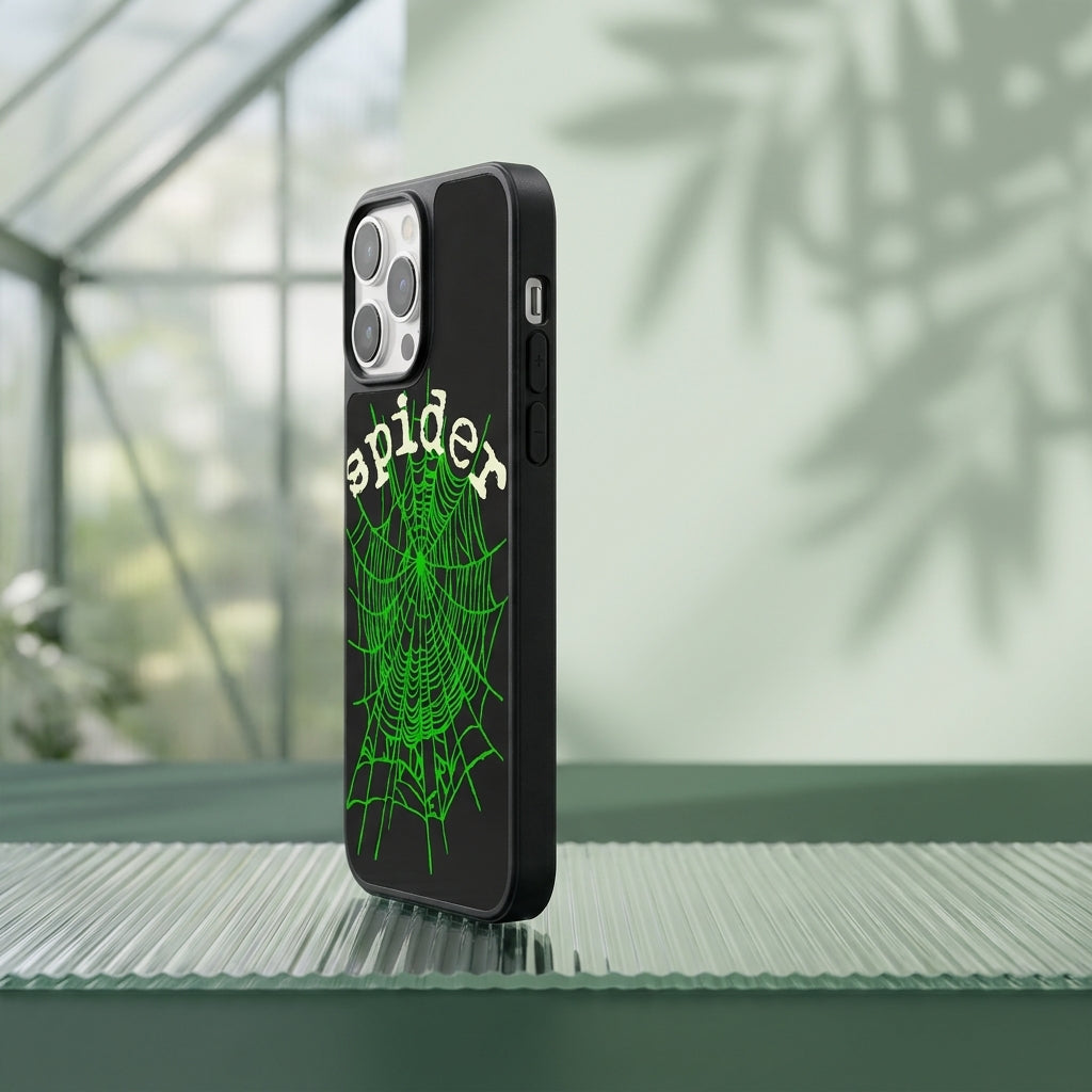 Spider Web Streetwear MagSafe Glass iPhone Case - Green – lifestyle view 3