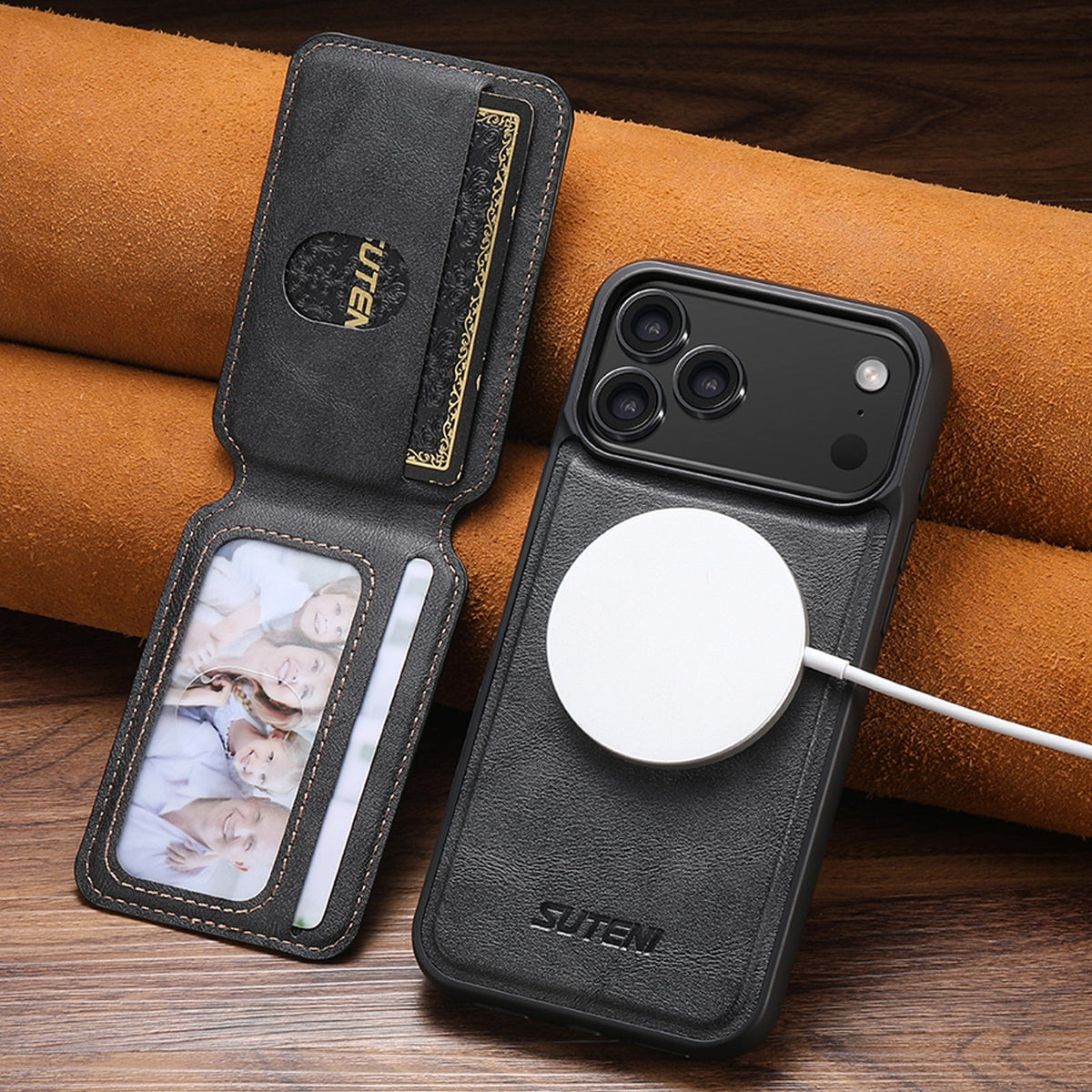 Vintage Waxed Leather MagSafe iPhone Case with Detachable Card Holder – Black