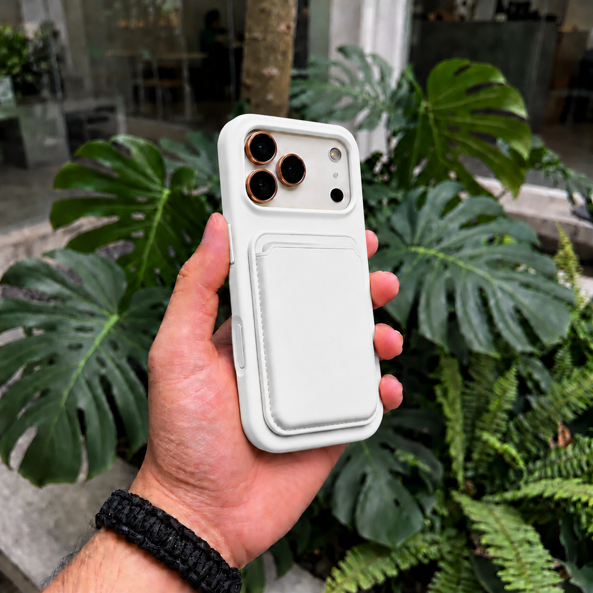 Premium Liquid Silicone iPhone Case with Magnetic Card Holder - White