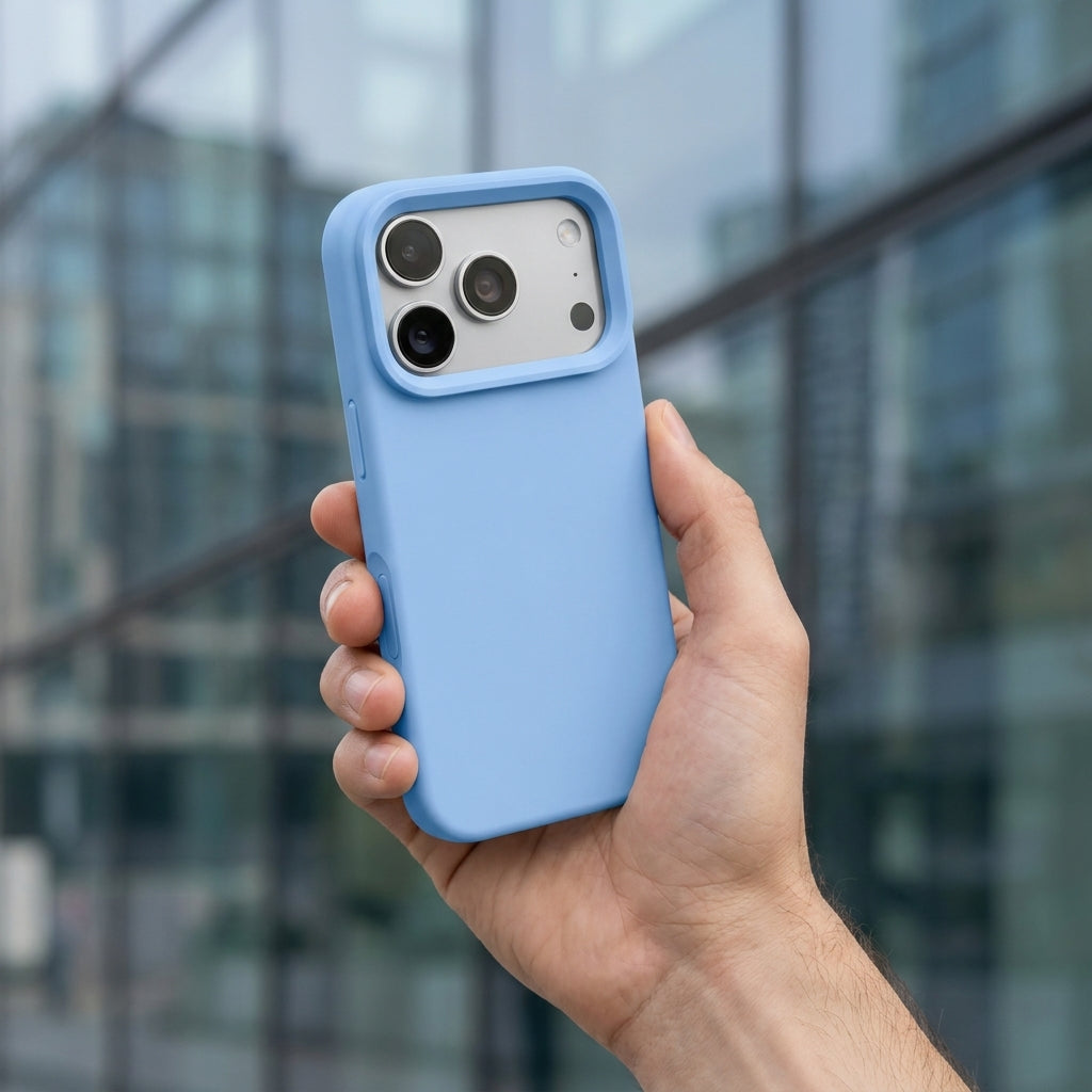 Premium Liquid Silicone iPhone Case – Open Camera – Cloud Blue