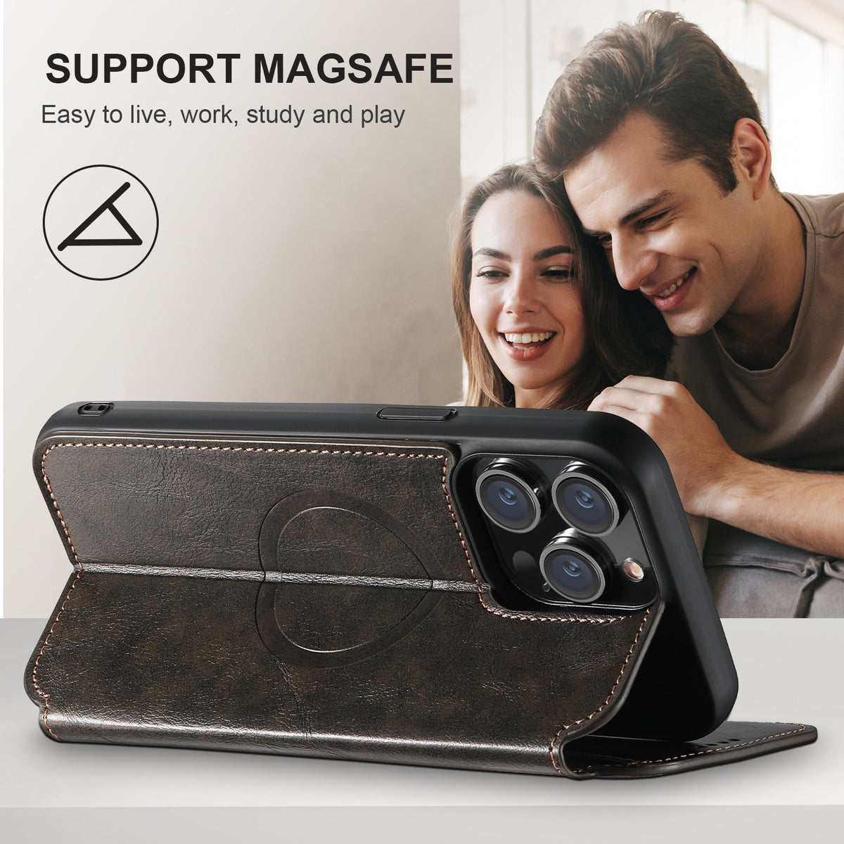 Vintage Waxed Leather MagSafe iPhone Case with Folio Card Holder - Black