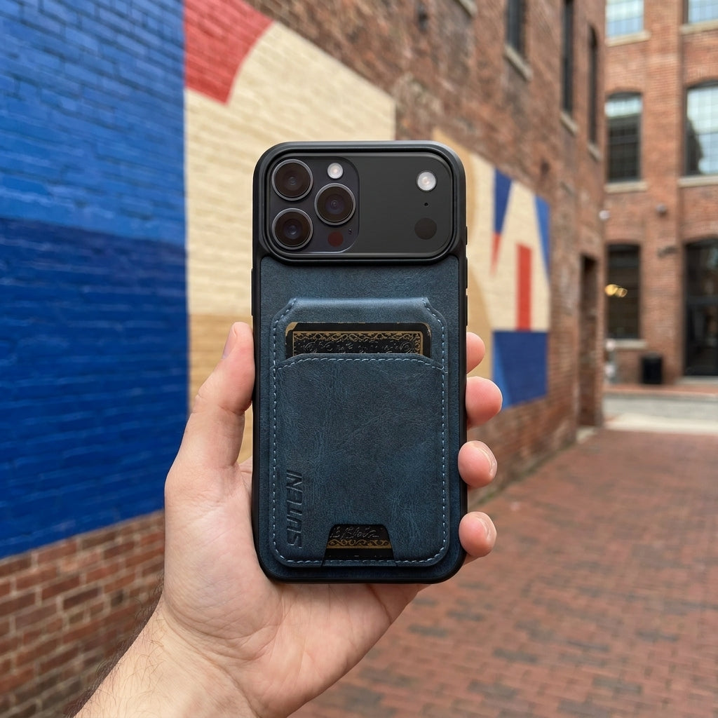Vintage Waxed Leather iPhone Case with Built-in Card Holder – Blue