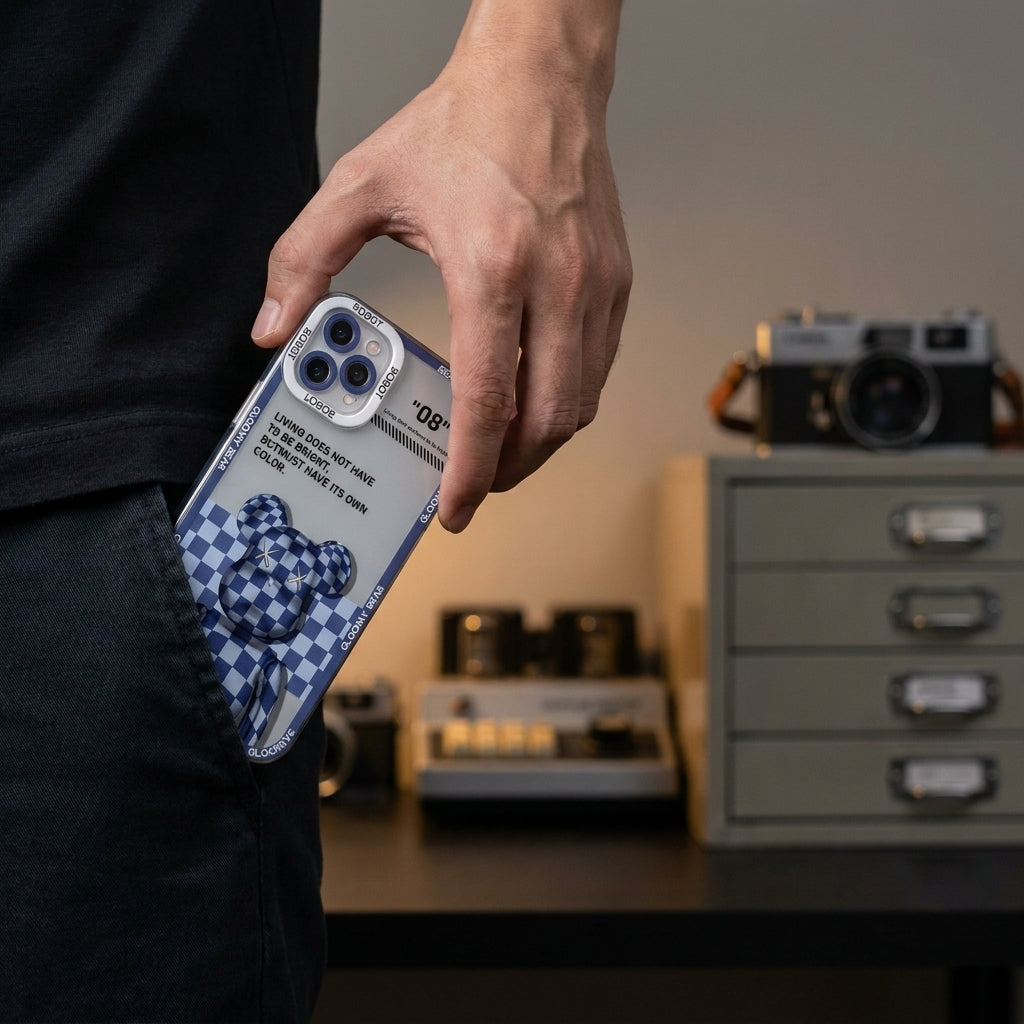Y2K Blue Plaid Bear Graphic iPhone Case