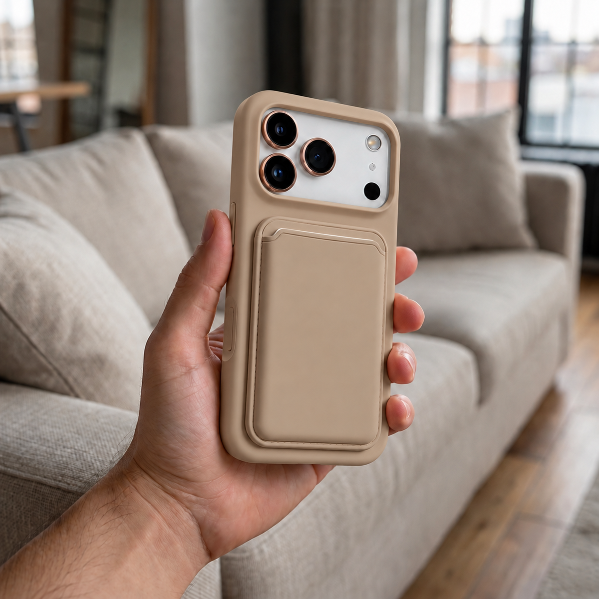Premium Liquid Silicone iPhone Case with Magnetic Card Holder - Desert Gold