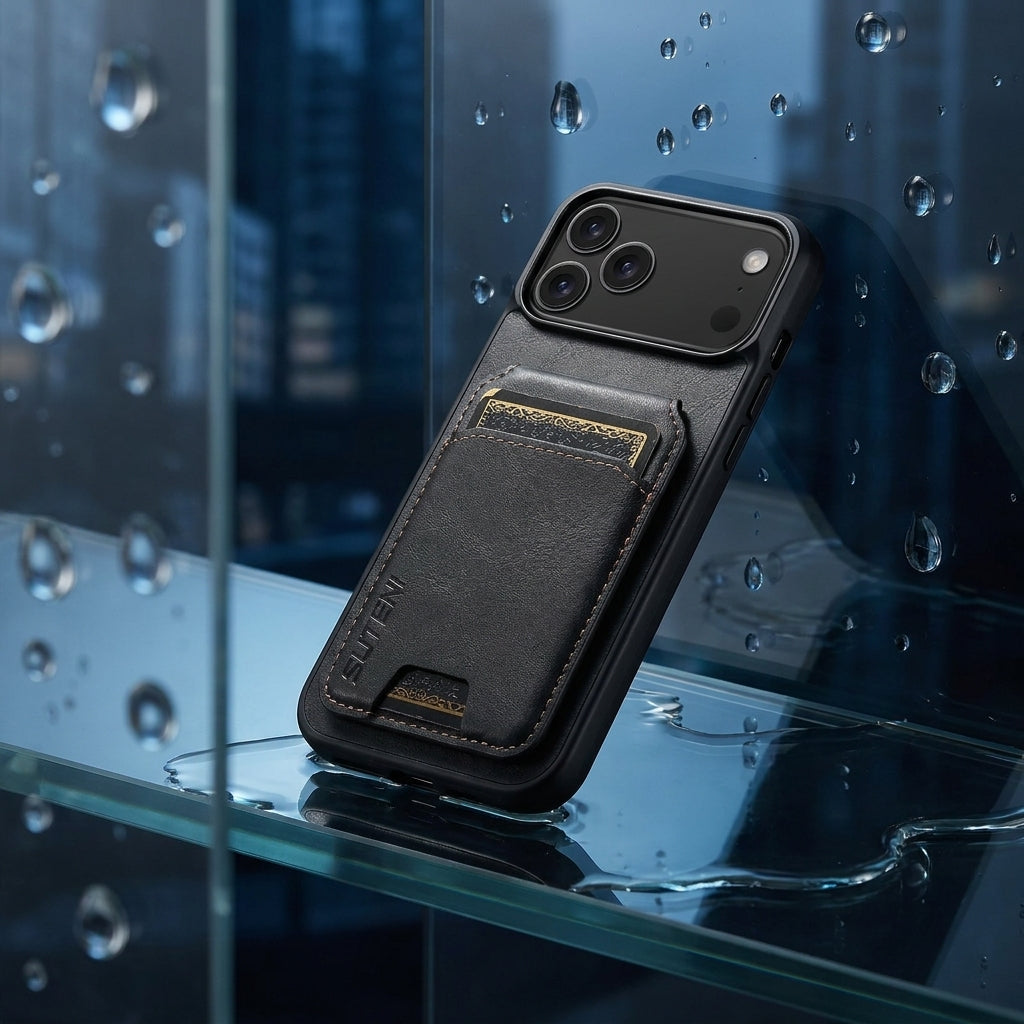 Vintage Waxed Leather iPhone Case with Built-in Card Holder – Black