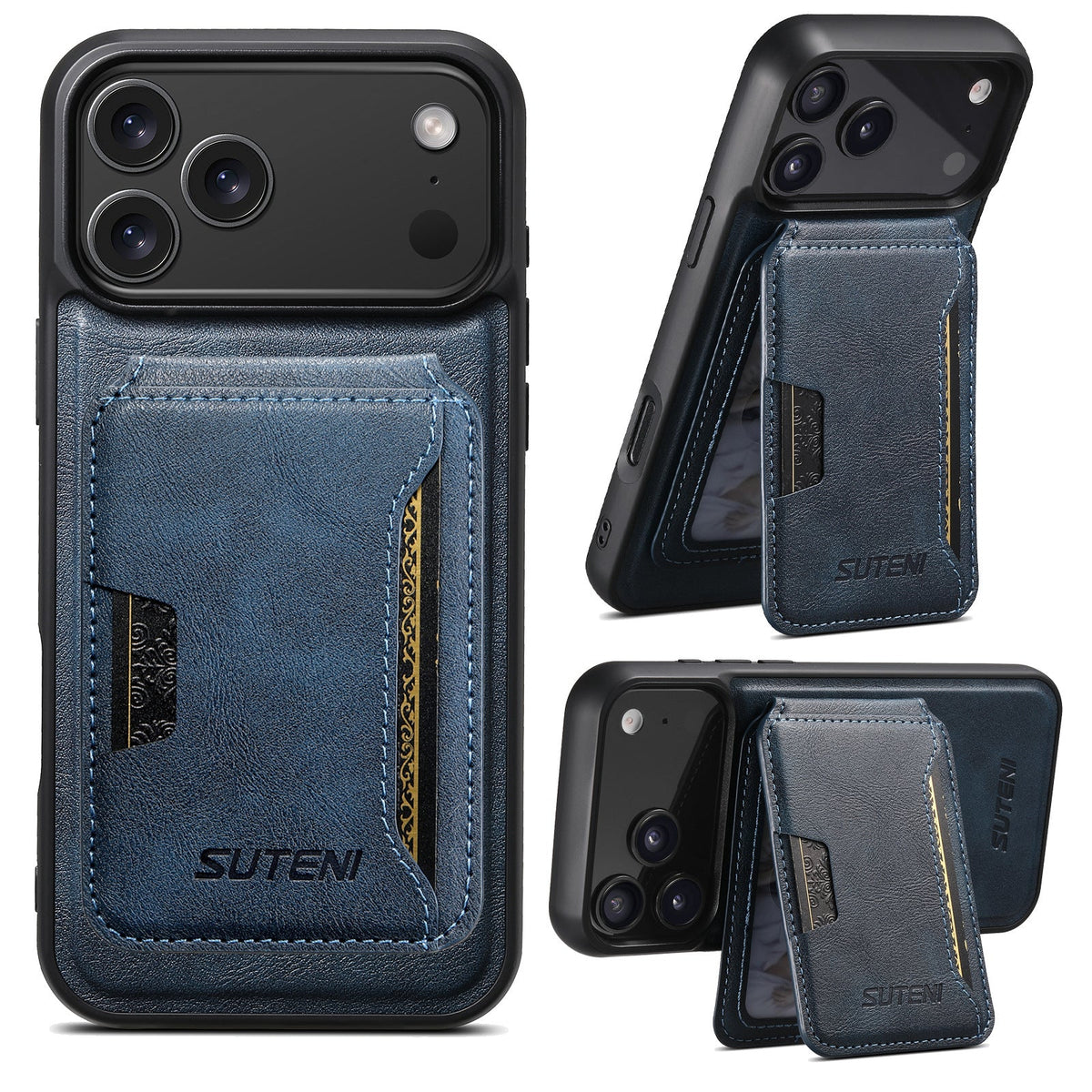 Vintage Waxed Leather MagSafe iPhone Case with Detachable Card Holder – Blue
