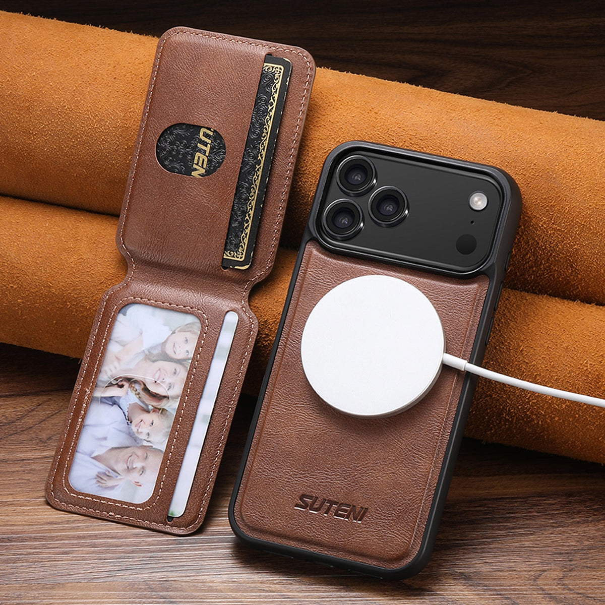 Vintage Waxed Leather MagSafe iPhone Case with Detachable Card Holder – Brown