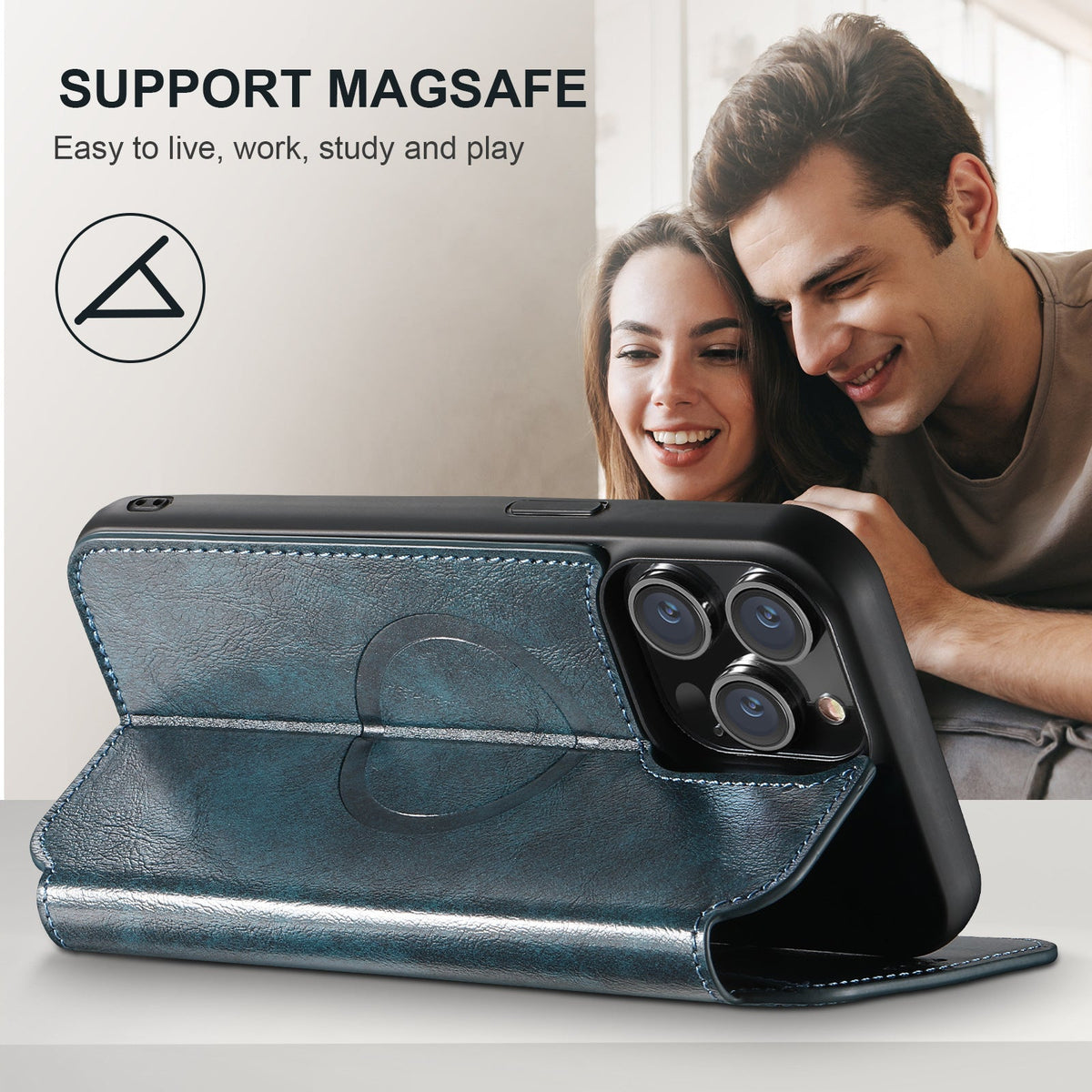 Vintage Waxed Leather MagSafe iPhone Case with Folio Card Holder - Blue