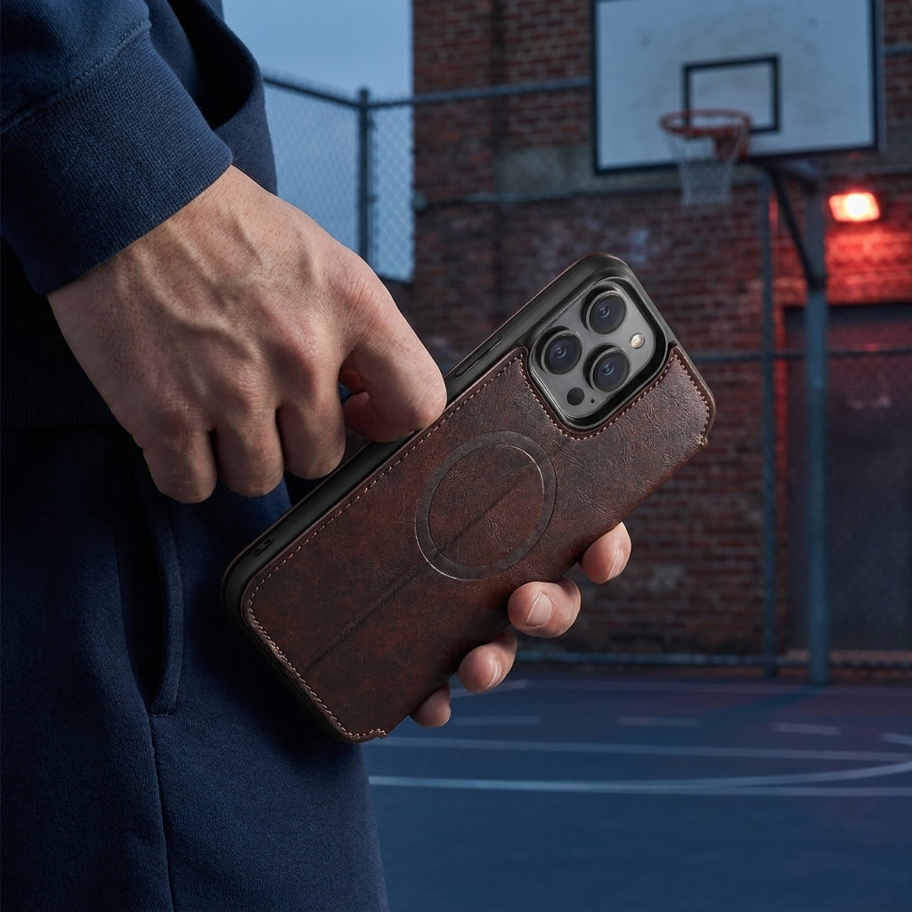 Vintage Waxed Leather MagSafe iPhone Case with Folio Card Holder - Brown
