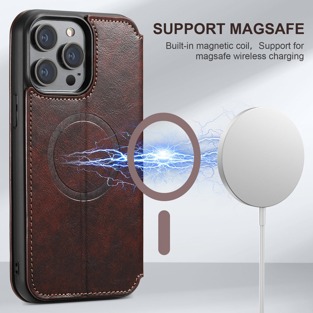 Vintage Waxed Leather MagSafe iPhone Case with Folio Card Holder - Brown
