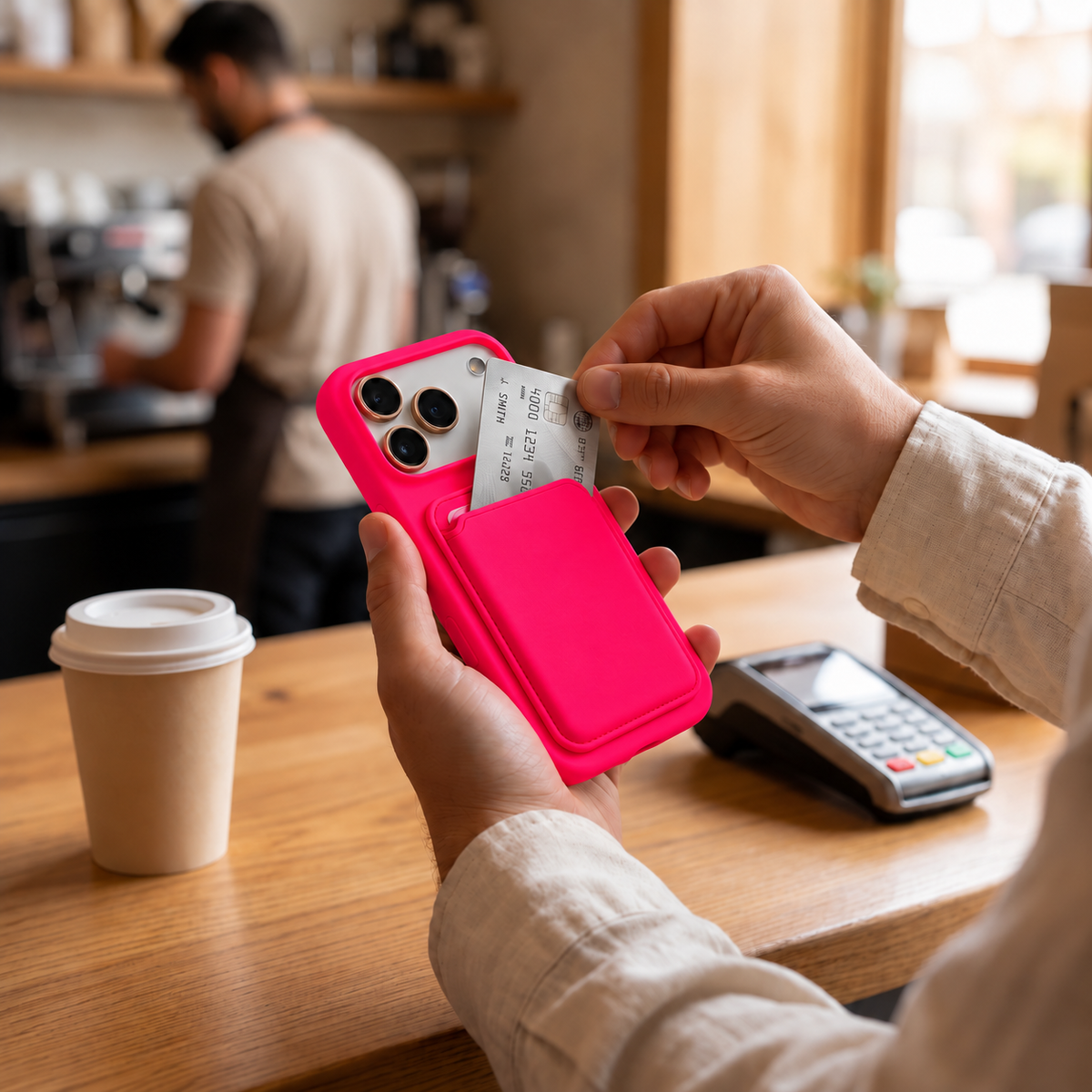 Premium Liquid Silicone iPhone Case with Magnetic Card Holder - Neon Red