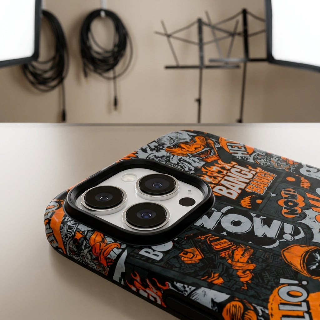 Comic Chaos Orange Matte Glass MagSafe iPhone Case – lifestyle view 4