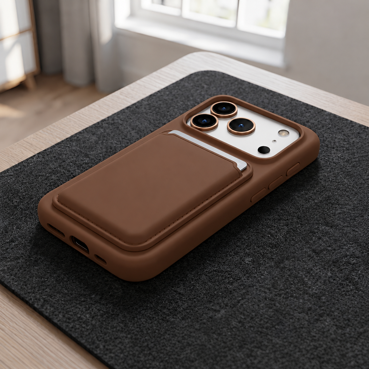 Premium Liquid Silicone iPhone Case with Magnetic Card Holder - Brown