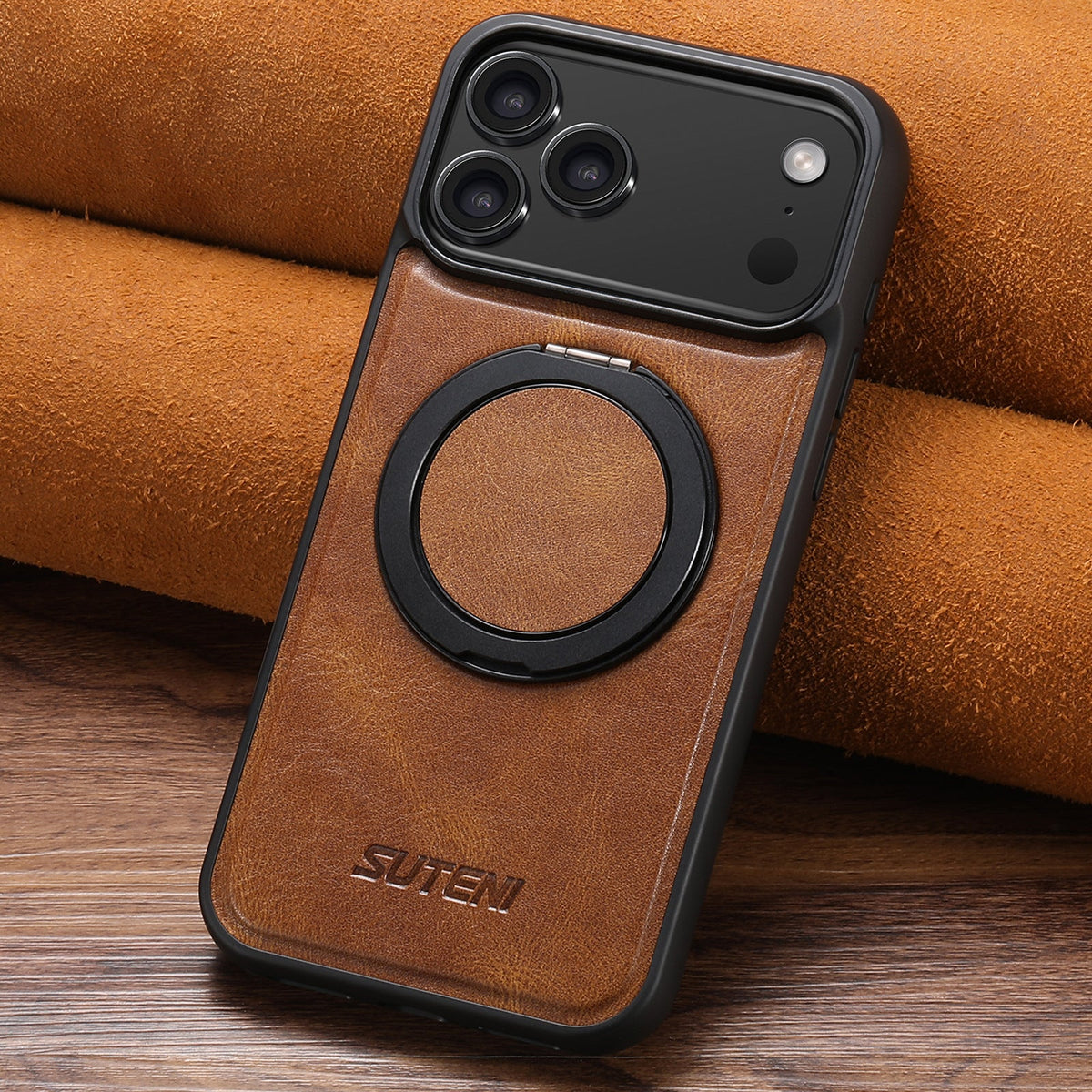 Vintage Waxed Leather MagSafe iPhone Case with Rotating Ring Holder - Brown