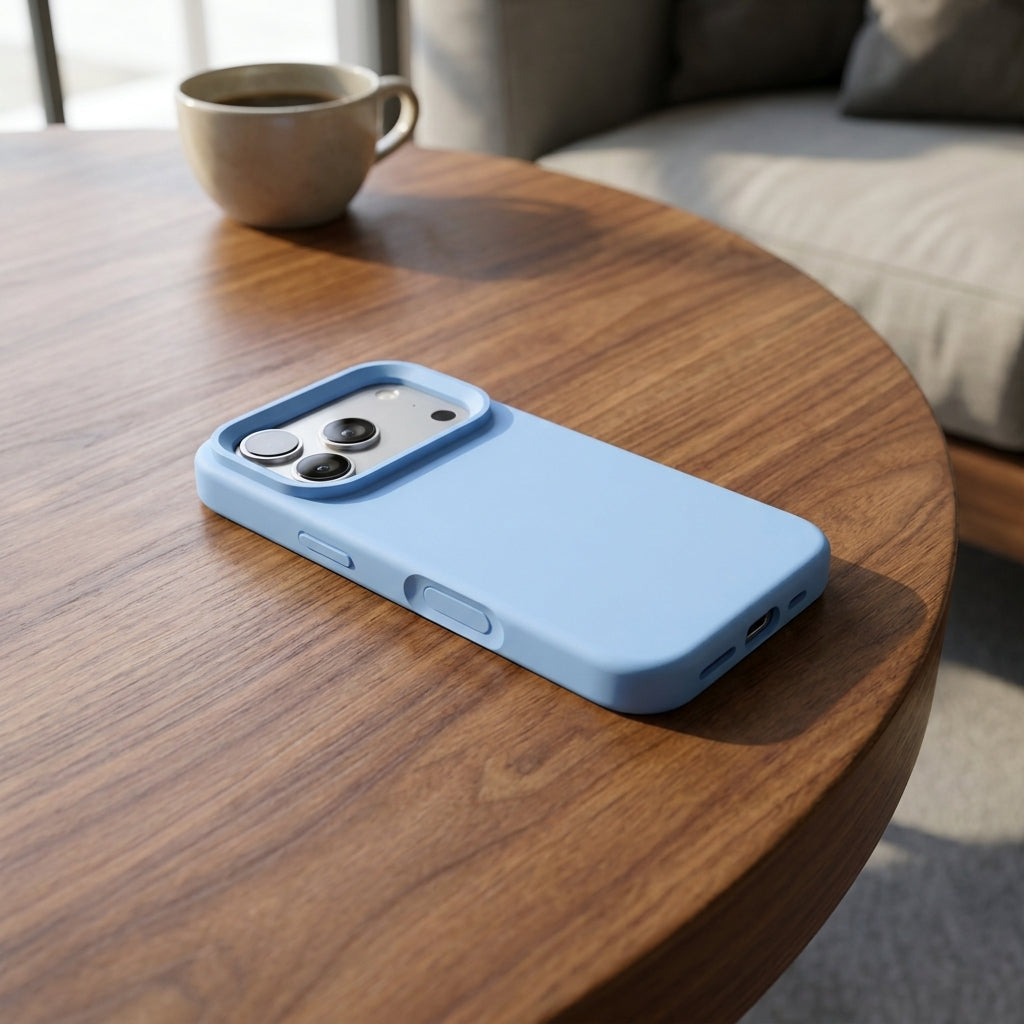 Premium Liquid Silicone iPhone Case – Open Camera – Cloud Blue