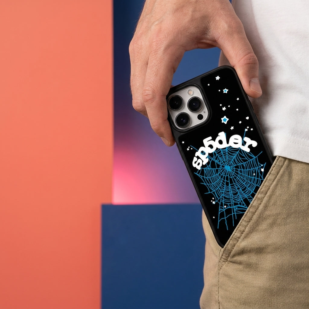 Spider Web Streetwear MagSafe Glass iPhone Case - Blue