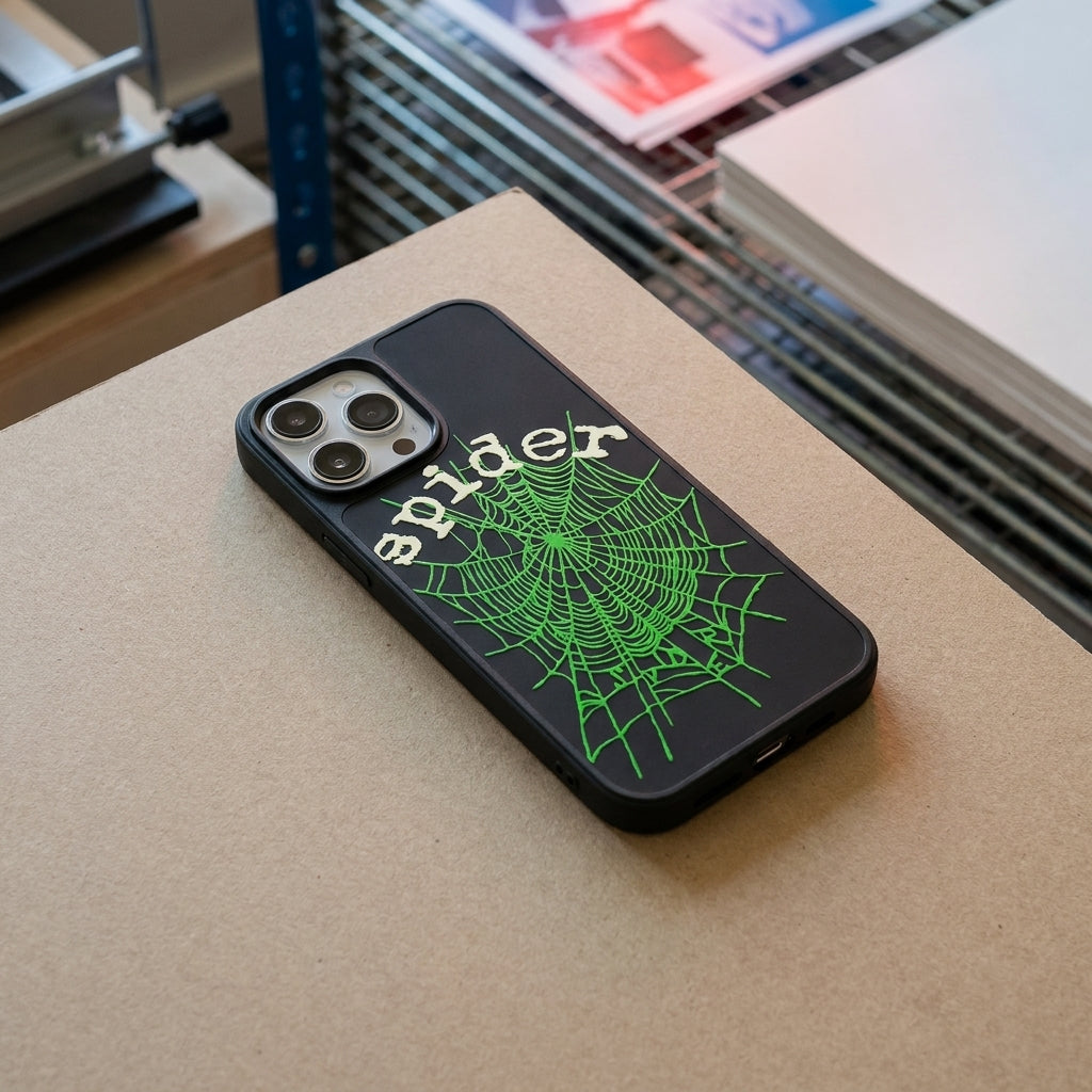 Spider Web Streetwear MagSafe Glass iPhone Case - Green – lifestyle view 2