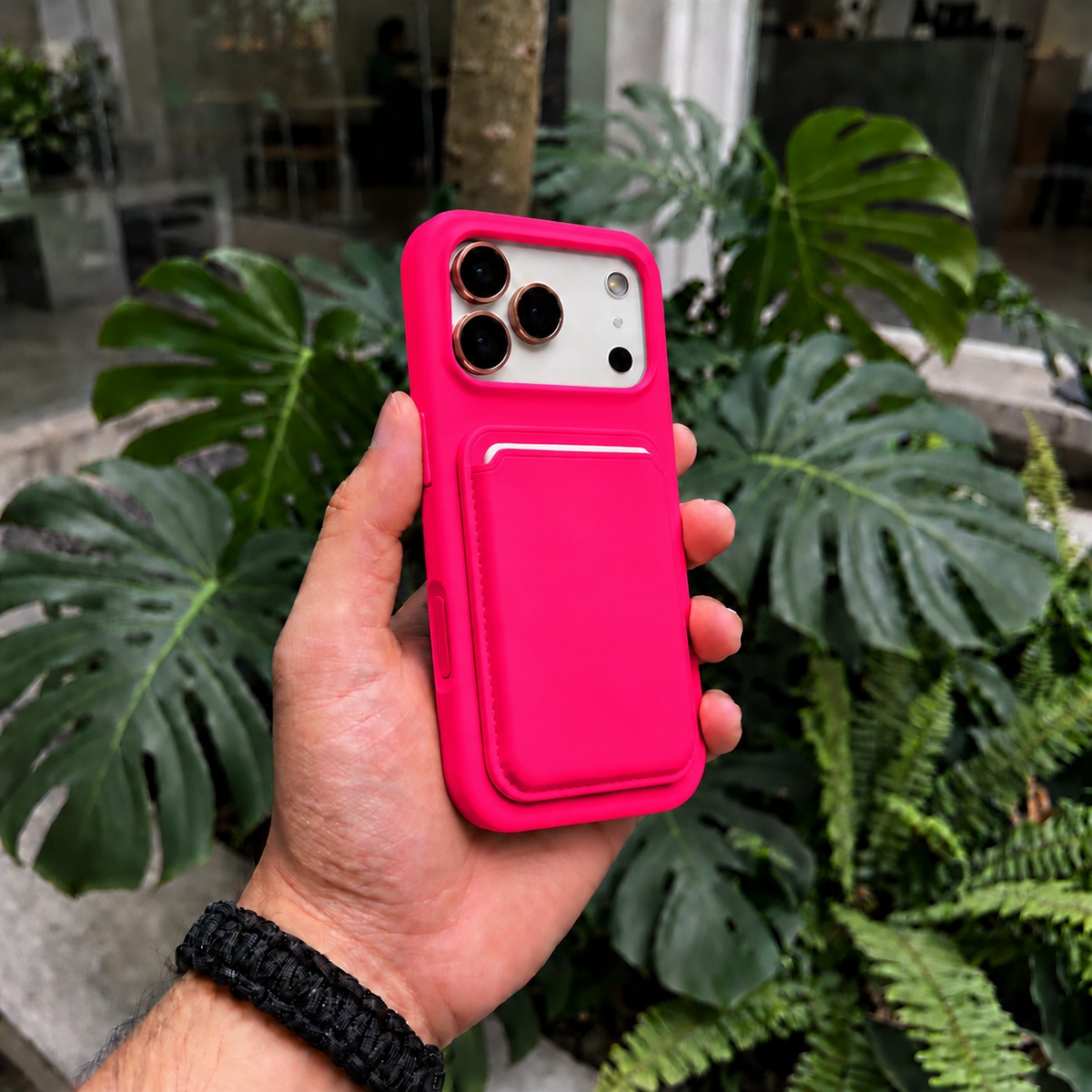 Premium Liquid Silicone iPhone Case with Magnetic Card Holder - Neon Red