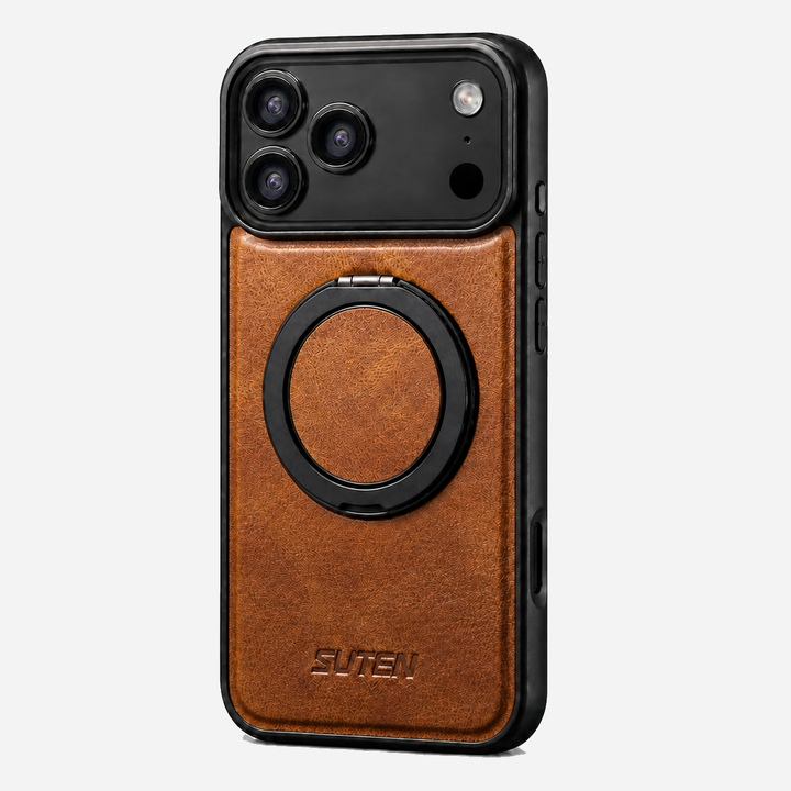 Vintage Waxed Leather MagSafe iPhone Case with Rotating Ring Holder - Brown