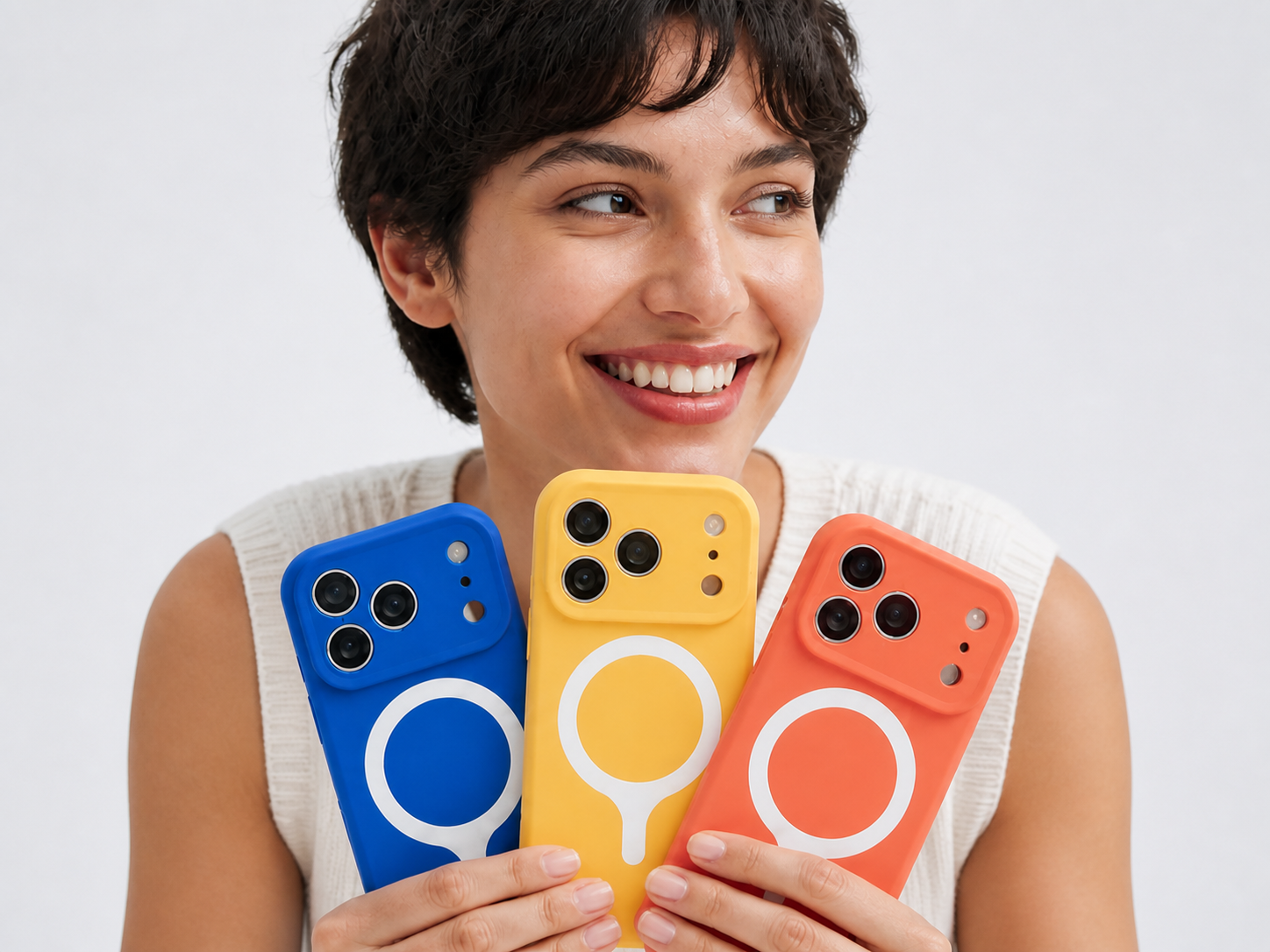 Smiling woman holding three colorful VYRLOOM solid-color magnetic phone cases